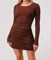 HASHTTAG SIDE SCRUNCH RIBBED LONG SLEEVE DRESS IN BROWN