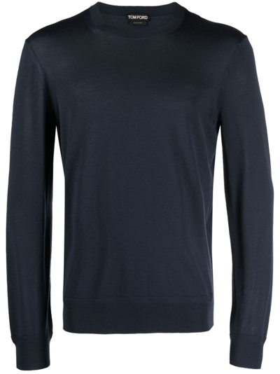 Tom Ford Dark Blue Crewneck Pullover With Rib Trim In Wool Man In Blue Navy