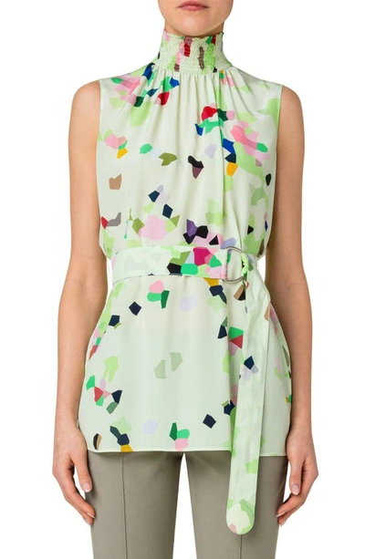 Akris Punto Smocked Mock-neck Belted Silk Blouse In Mint-multicolor