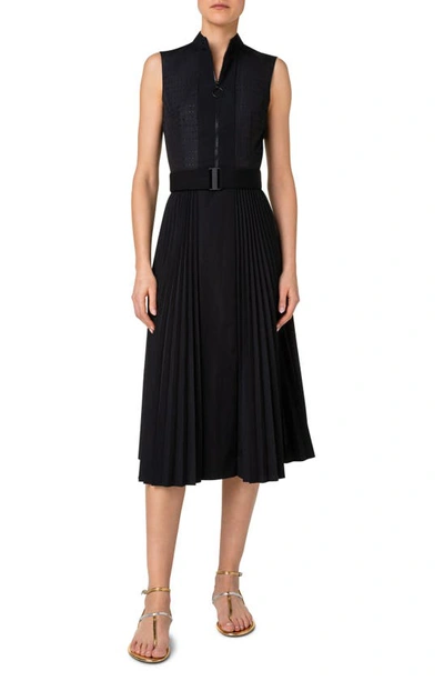 Akris Punto Pin-dot Midi Dress With Sunray Plissee Pleated Skirt In Black