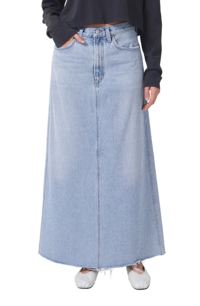 Agolde Hilla Frayed Organic Denim Maxi Skirt In Blue