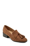 Easy Spirit Drew Block Heel Tassel Loafer In Medium Brown Suede