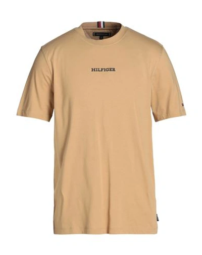 Tommy Hilfiger Man T-shirt Camel Size Xl Cotton In Beige