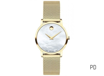 Pre-owned Movado Museum Classic Yellow Gold Pvd Mesh Women's Mop Swiss Watch 0607351
