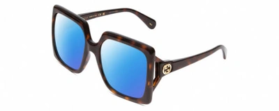 Pre-owned Gucci Gg0876s Women's Oversized Polarized Sunglasses Havana Tortoise 60mm 4 Opt. In Blue Mirror Polar