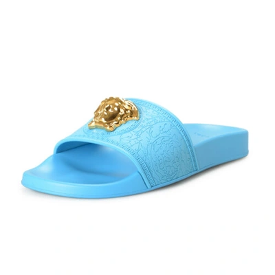 Pre-owned Versace Women's Gold Medusa Head Sky Blue Pool Slide Flip Flops Shoes