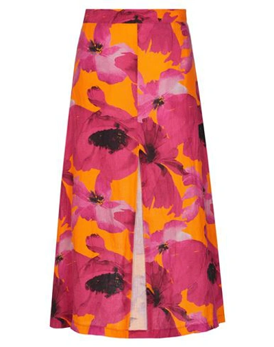 8 By Yoox Printed Linen Front Slit Midi Skirt Woman Midi Skirt Orange Size 12 Linen