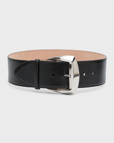 Alexander Mcqueen Geometric Leather Belt With Antiqued Silver Buckle In Black