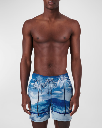 Bugatchi Tropical Landscape Print Swim Trunks In Classic Blue