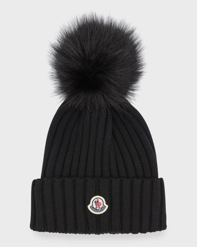 MONCLER RIBBED WOOL BEANIE WITH FAUX FUR POM