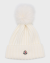 MONCLER RIBBED WOOL BEANIE WITH FAUX FUR POM