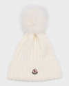 Moncler Ribbed Wool Beanie With Faux Fur Pom In Natural