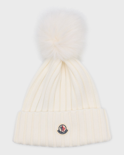 Moncler Ribbed Wool Beanie With Faux Fur Pom In Natural