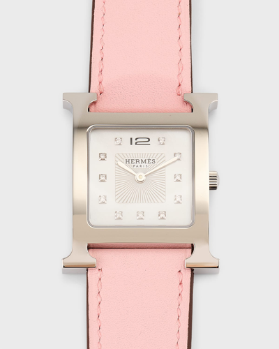 Herms 30mm Heure H Diamond Mother-of-pearl Watch With Leather Strap In Pink