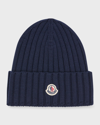 Moncler Ribbed Wool Beanie With Logo Patch In Navy