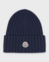 Moncler Ribbed Wool Beanie With Logo Patch In 750