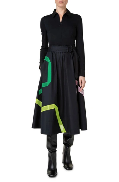 Akris Punto Mixed Media Paper-bag Dress With Kaleidoscope Techno Mesh Details In 009 Black-multicolor