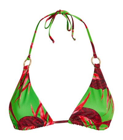 Louisa Ballou Mini Ring Bikini Top In Green With Red Flowers