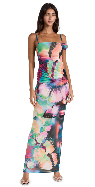 Afrm Jennan Floral Rhinestone Rosette Mesh Dress In Abstract Butterfly