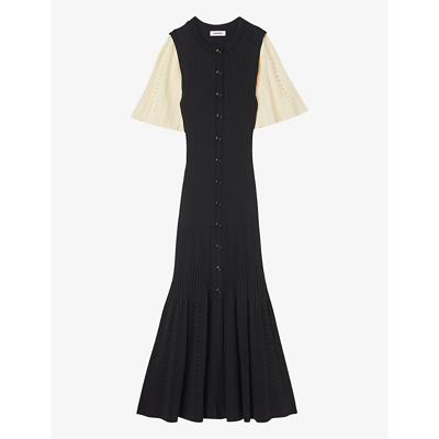 Sandro Ribbed-knit Button-up Midi Dress In Noir / Gris