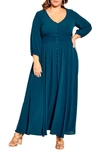 City Chic Desire Shirred Waist Button Front Maxi Dress In Deep Teal