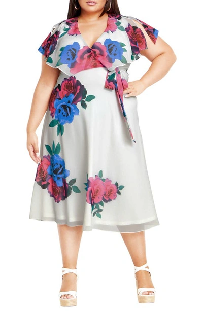 City Chic Rose Print Faux Wrap Dress In Ivory Bright Bloom