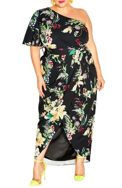 City Chic Bonnie One Shoulder Floral Print Maxi Dress In Black Sunnie Floral  | ModeSens