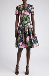 Oscar De La Renta Geranium-print Faille Flared Short Dress In Pink/ Navy
