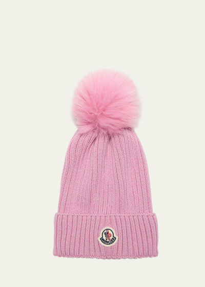Moncler Kids' Logo-patch Bobble Wool-knit Beanie Hat 4-10 Years In Pink