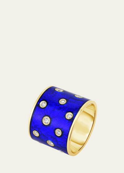 Audrey C. Jewels 18k Yellow Gold Diamond Cigar Band Ring In Blue