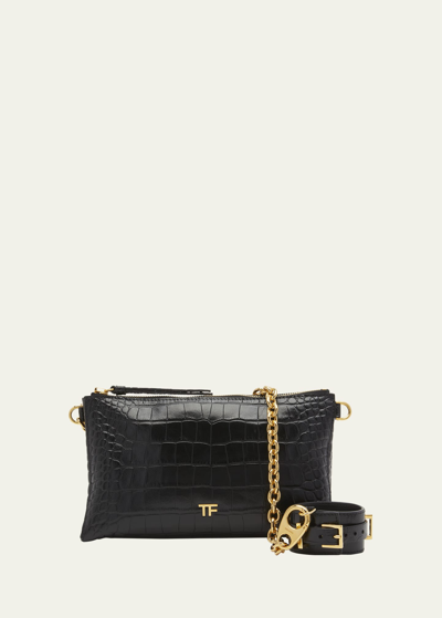 Tom Ford Carine Croc-embossed Chain Shoulder Bag In 1n001 Black