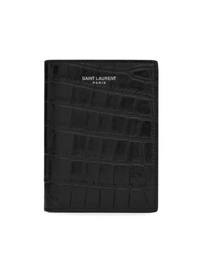 Saint Laurent Men's Credit Card Wallet In Matte Crocodile Embossed Leather In Black
