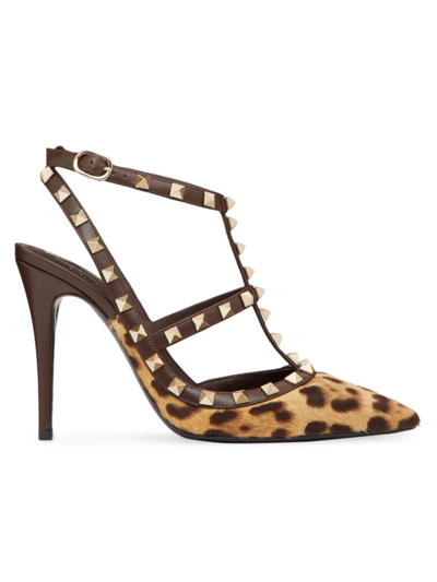 Valentino Garavani Rockstud Calf Hair Caged Pumps In Tan