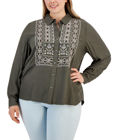 Style & Co Plus Size Embroidered Long-sleeve Shirt, Created For Macy's In Southwest Shiitake