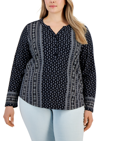Style & Co Plus Size Printed Knit Top, Created For Macy's In Stripe Black