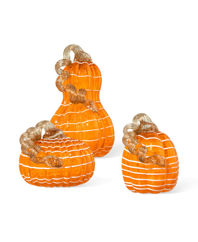 Glitzhome White Lines Glass Pumpkin Gourd, Set Of 3 In Tangerine