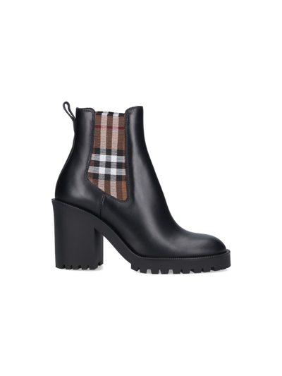 Burberry Check Insert Ankle Boots In Black  