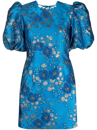 Ganni 3d Jacquard Open Back Mini Dress In ブルー