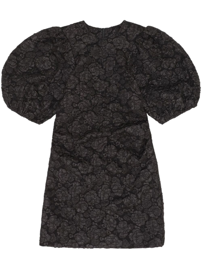 Ganni Jacquard Puff Mini Dress Woman Black In Black  