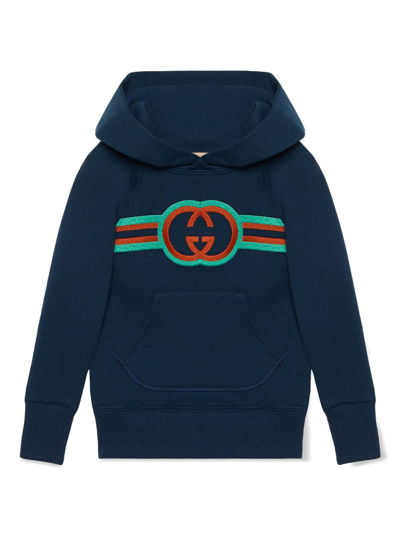 Gucci Kids' Interlocking G Embroidered Hoodie In Blue