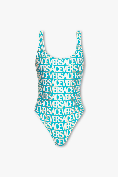Versace Gold Logo One-piece Swimsuit In Light Blue