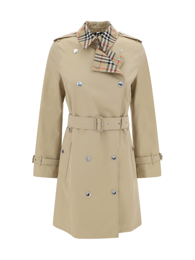 Burberry Leather Trench Coat With Check Collar In Hunter