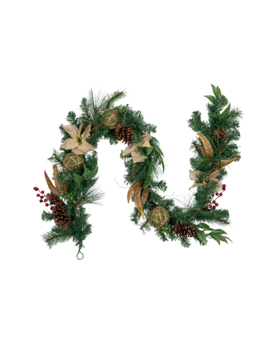 Northlight 6' X 10" Burlap Poinsettia Moss Ball Mixed Pine And Berries Christmas Garland In Green