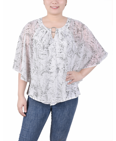 Ny Collection Plus Size Chiffon Poncho Top With Ring In Ivory Floral
