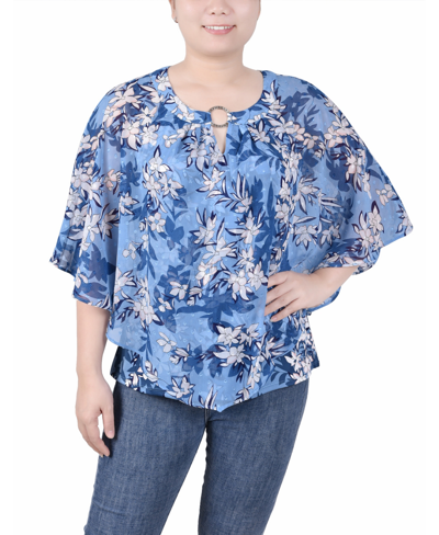 Ny Collection Plus Size Chiffon Poncho Top With Ring In Light Blue White Floral