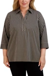 Foxcroft Sophia Stripe Three-quarter Sleeve Stretch Button-up Shirt In Almond/ Black