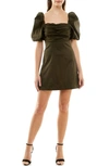 Socialite Ruched Puff Sleeve Minidress In Olive