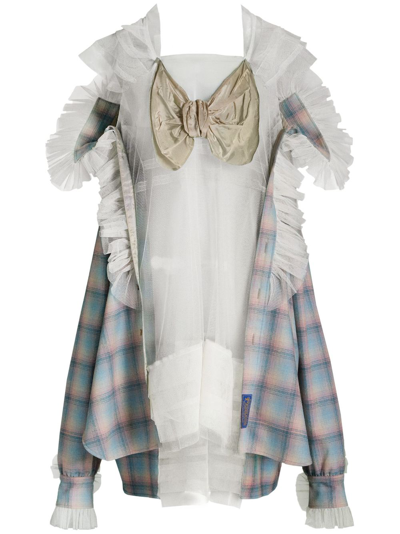 Maison Margiela Plaid Tulle Ruffle Shirtdress In Multicolor