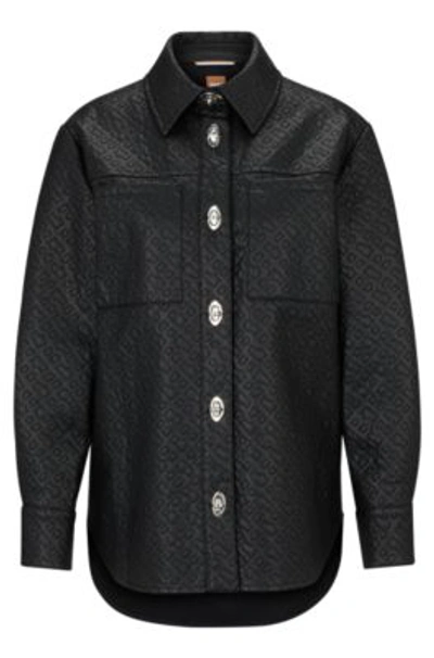 Hugo Boss Regular-fit Blouse In Monogram-embossed Faux Leather In Black