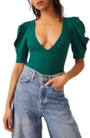 Free People Va Va Voop Puff Sleeve Bodysuit In Evergreen